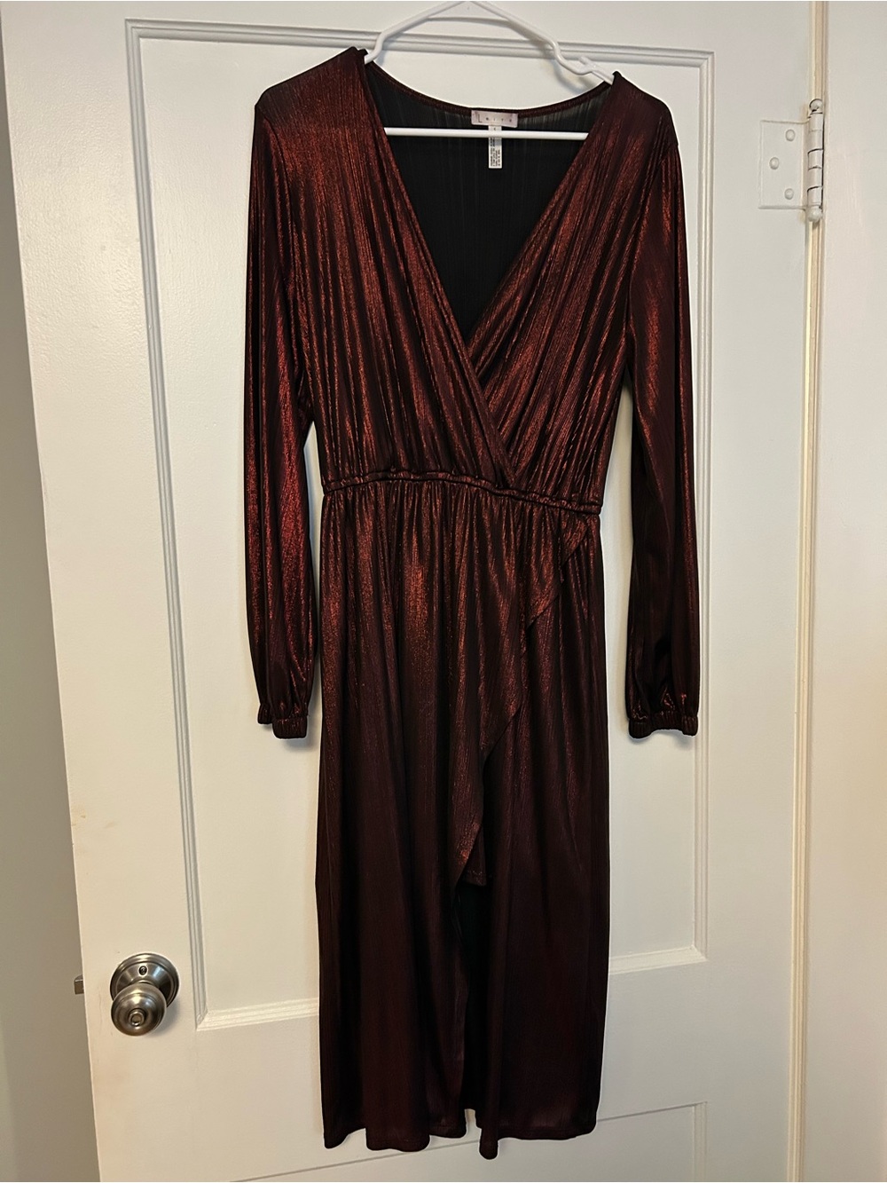 Leith Shimmery Burgundy Wrap Midi Dress with Long Sleeves